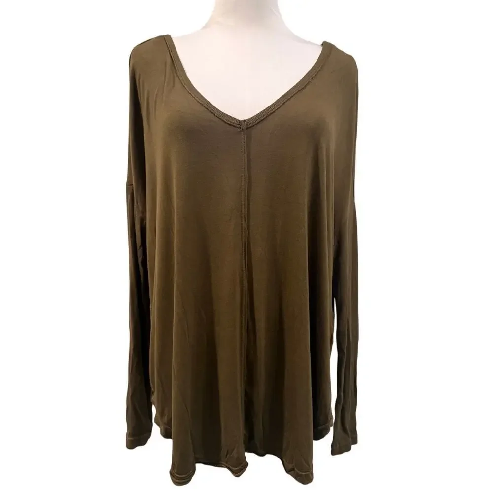 Free People Olive Green Moonshine V Neck Long Sleeve Tunic Top Oversized XS